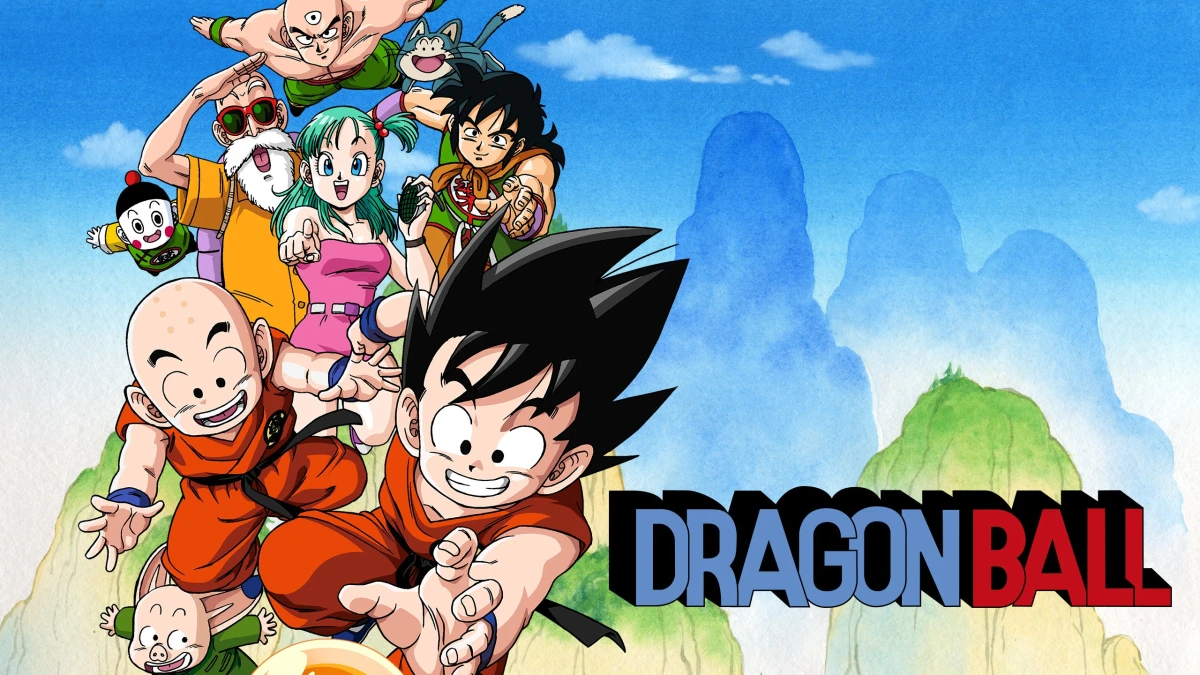 Imagem com os personagem e o Logotipo Dragon Ball